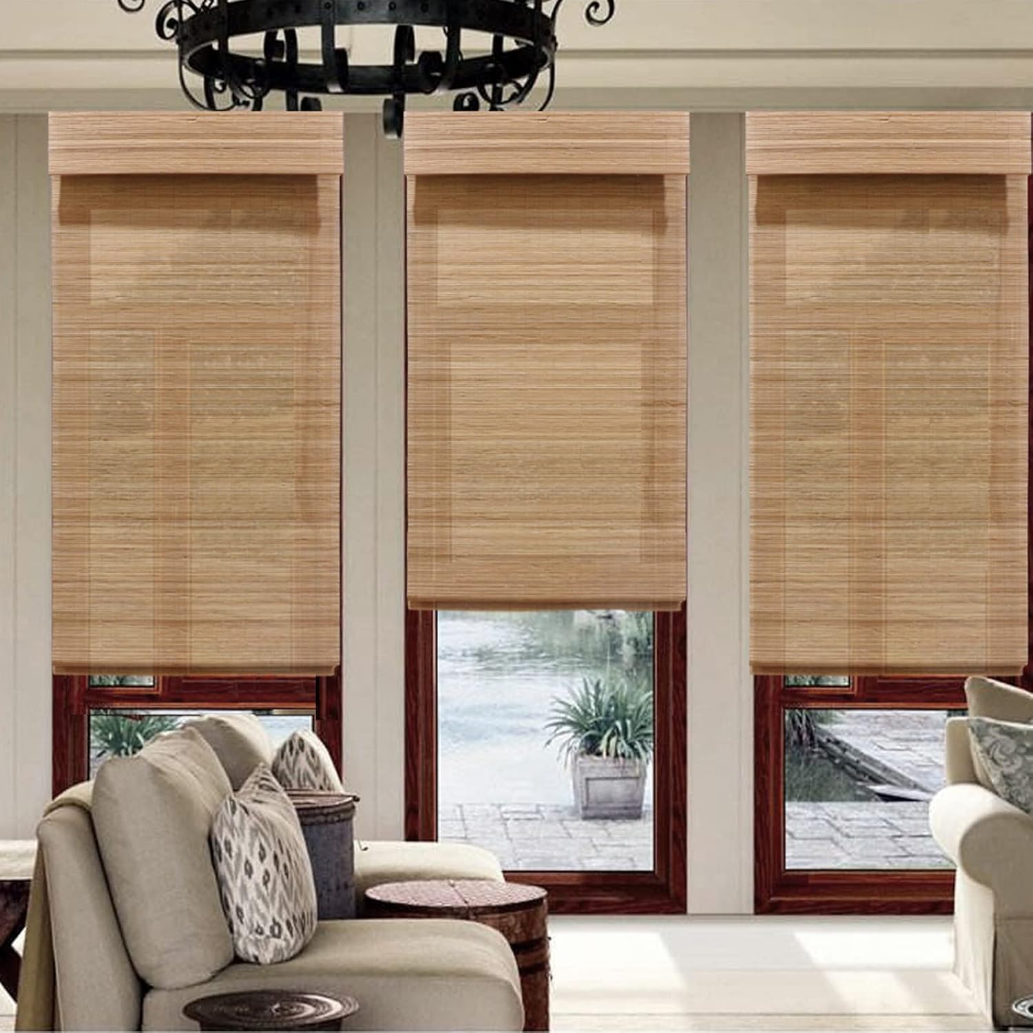 LANTIME Wood Cordless Roman Shades, Lined Blackout Bamboo Window Shades Blinds, Oak