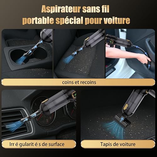 Lyiazsoy Car Vacuum Cleaner Cordless,27000PA High Power Mini Vacuum Cleaner,Rechargeable Handheld Vacuum Cordless,car hoovers for Pet Hair, Home, Office, Kitchen(Gold Black) - 3