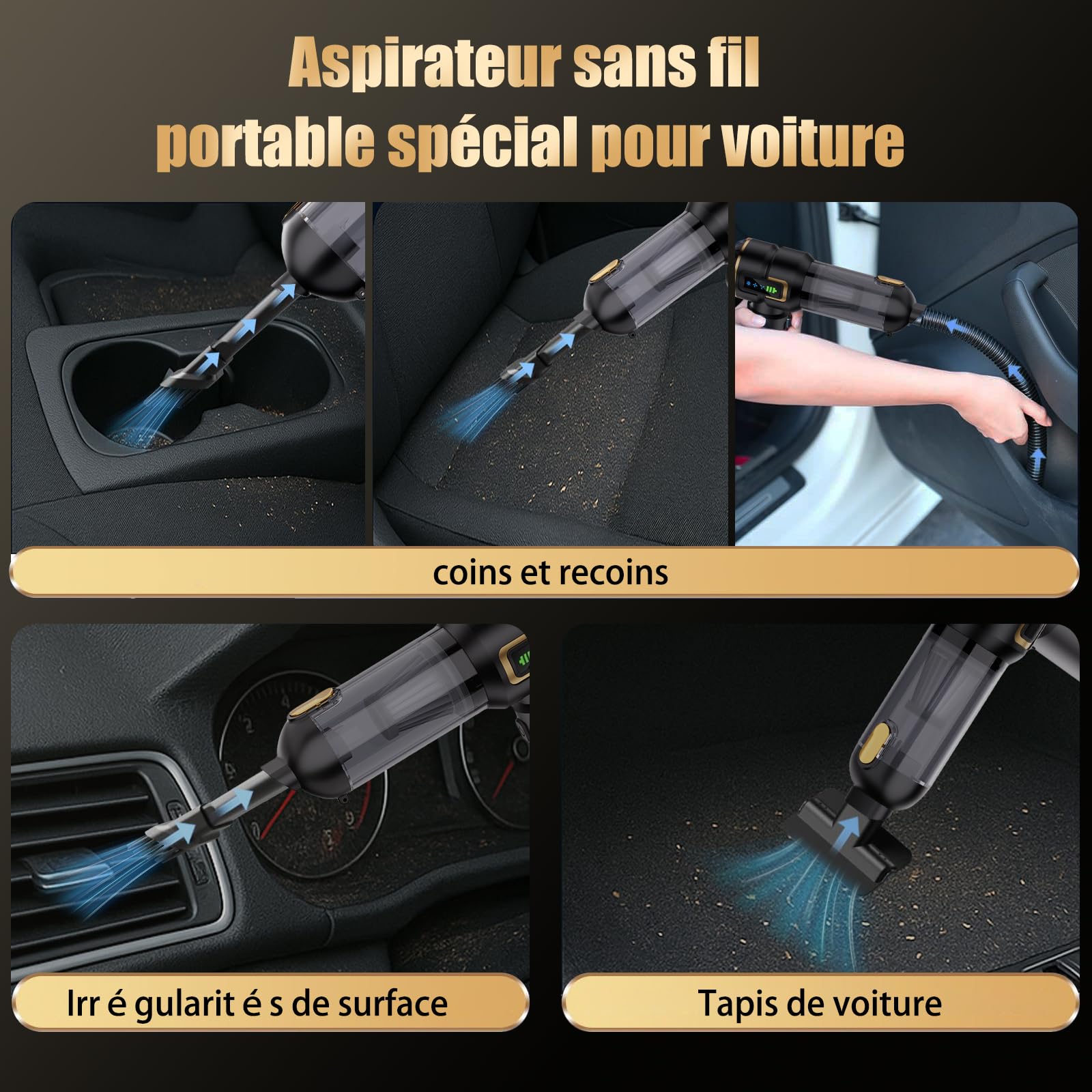 Aspirateur à Main Rechargeable, aspirateur sans Fil Puissant de 27000 PA, Vitesse de Rotation de 220000 Tours/Minute, adapté au Nettoyage des Voitures, des Bureaux et des Poils d'animaux