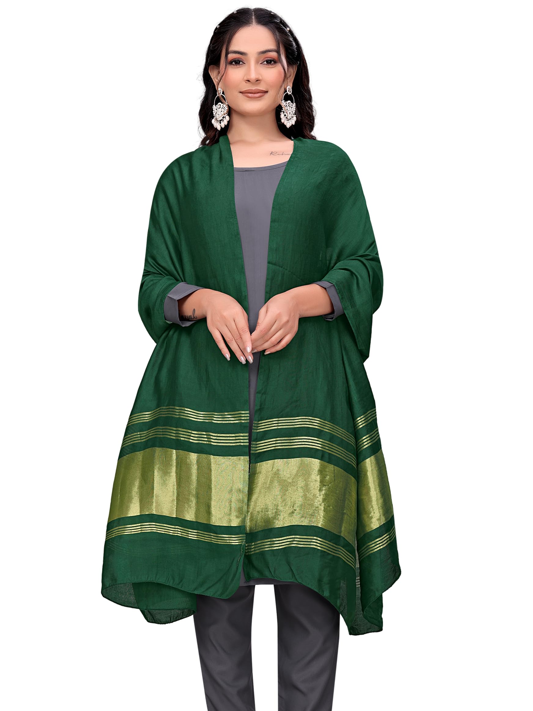 Silk Blend Dupatta for Women, Solid Chunni with Golden Zari Lagdi Patta Border, Soft Lightweight Ethnic Dupatta-image-0