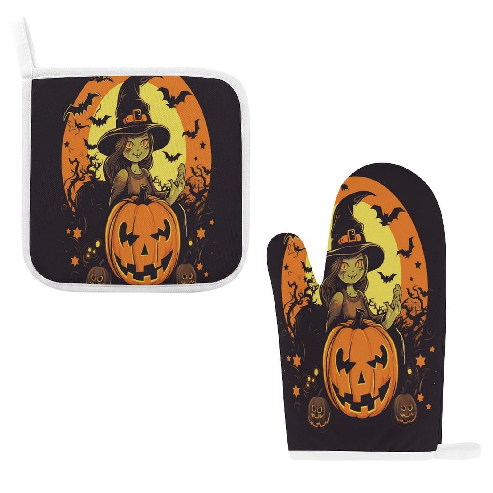 Btcowzrv Style Halloween Pumpkin Witch Oven Mitts And Pot Holders 2Pcs Set