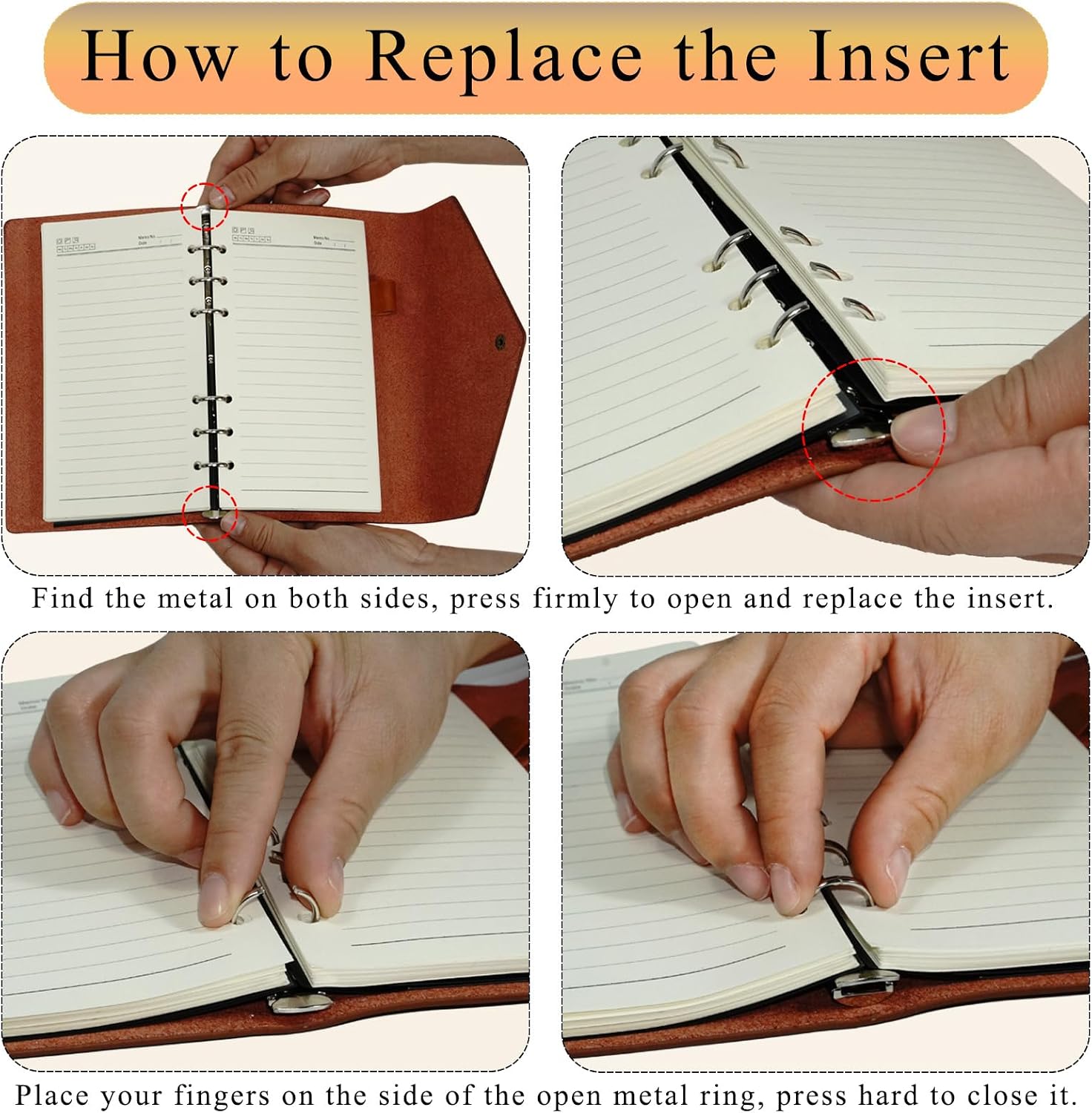A6 Refillable 6-Ring Binder Notebook, Vegan Leather Journal with Pen Loop and Card Slots for Work, Office, or Daily Planning - Brown