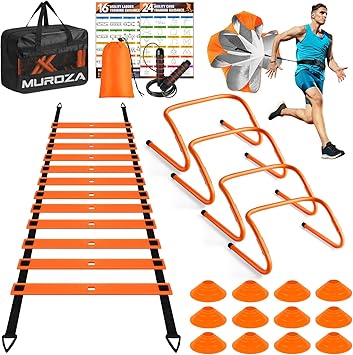 Agility Ladder, Speed Training Equipment Set, 20ft Agility Ladder, 12 Soccer Cones, 4 Hurdles, Jump Rope, Running Parachute, Basketball Football Soccer Training Equipment for Kids, Youth, Adults