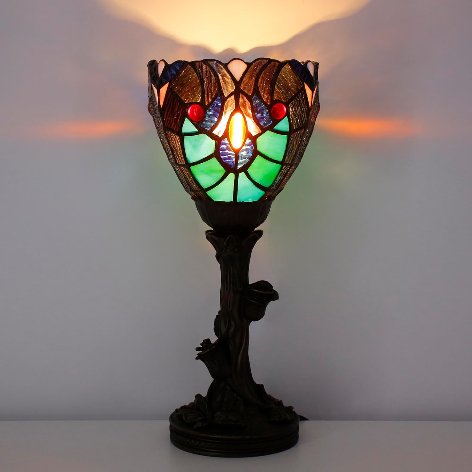 Small Tiffany Lamp Mini Stained Glass Table Lamp Green Liaison Accent Desk Uplight W6 H13.5 Inch Bronze Resin Base