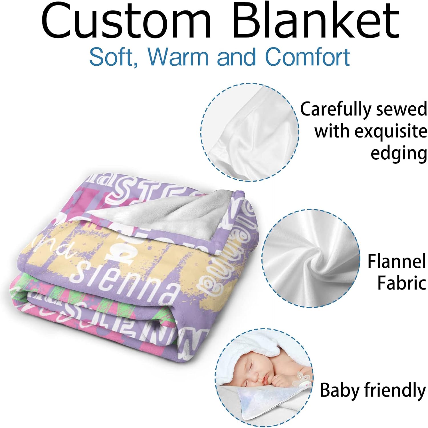 Custom Blanket Personalized with Name Text, Customized Flannel Throws Blankets for Adults Kids Birthday Valentines Day Gift, 80x60 Inches Inches, Light Purple