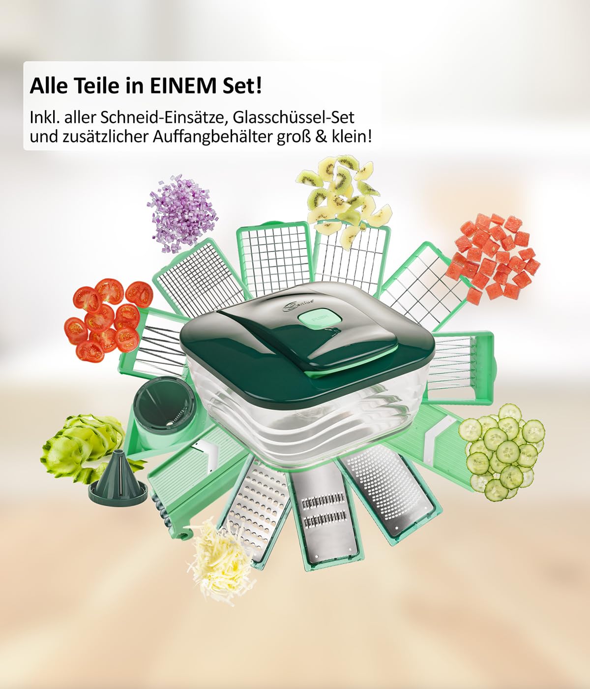 Genius Nicer Dicer Chef 34-in-1 Multifunktions-Profi-Gemüseschneider mit Glasschale und Tomatenschneider | Teigwaren, Scheiben, Streifen, Spiralen, Julienne