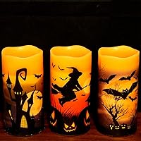 Vista 1 de DRomance Velas sin llama que funcionan con pilas con temporizador de 6 horas, calcomanías de Halloween de cera real LED parpadeantes, juego de 3