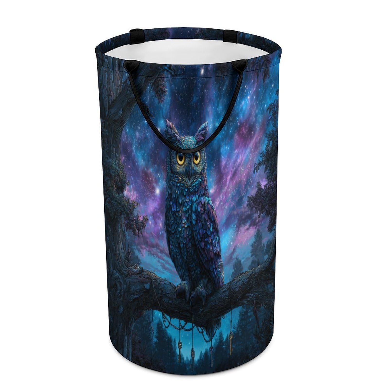 LUYYSKY Modern Classic Cool Owl Collapsible Dirty Clothes Basket, Rustic Watercolor Starry Sky Galaxy Tree Branch Animals Owl Portable Clothes Storage Basket