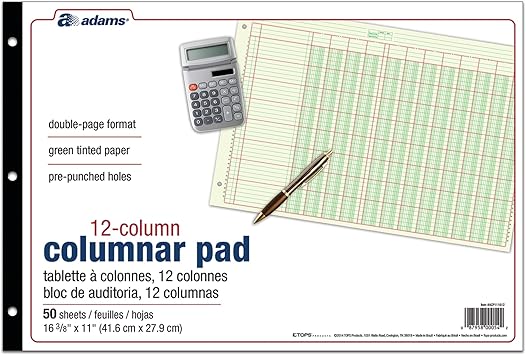 Adams® Analysis Pad, 11" x 16 3/8", 100 Pages (50 Sheets), 12 Columns, Green