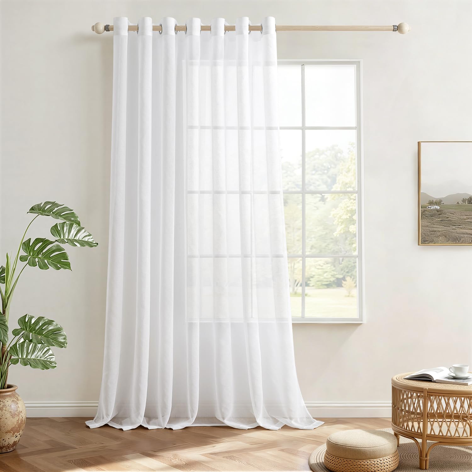 EMEMA Sheer - Set di 1 tenda in voile con occhielli, trasparente, in voile, poliestere, trasparente, per soggiorno, camera da letto, 300 x 260 cm (larghezza x altezza), colore bianco