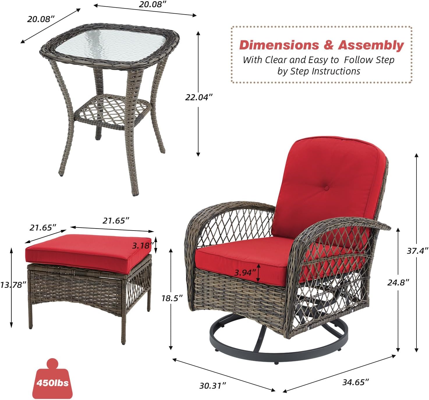 Diagram showing dimensions and assembly steps for the patio set