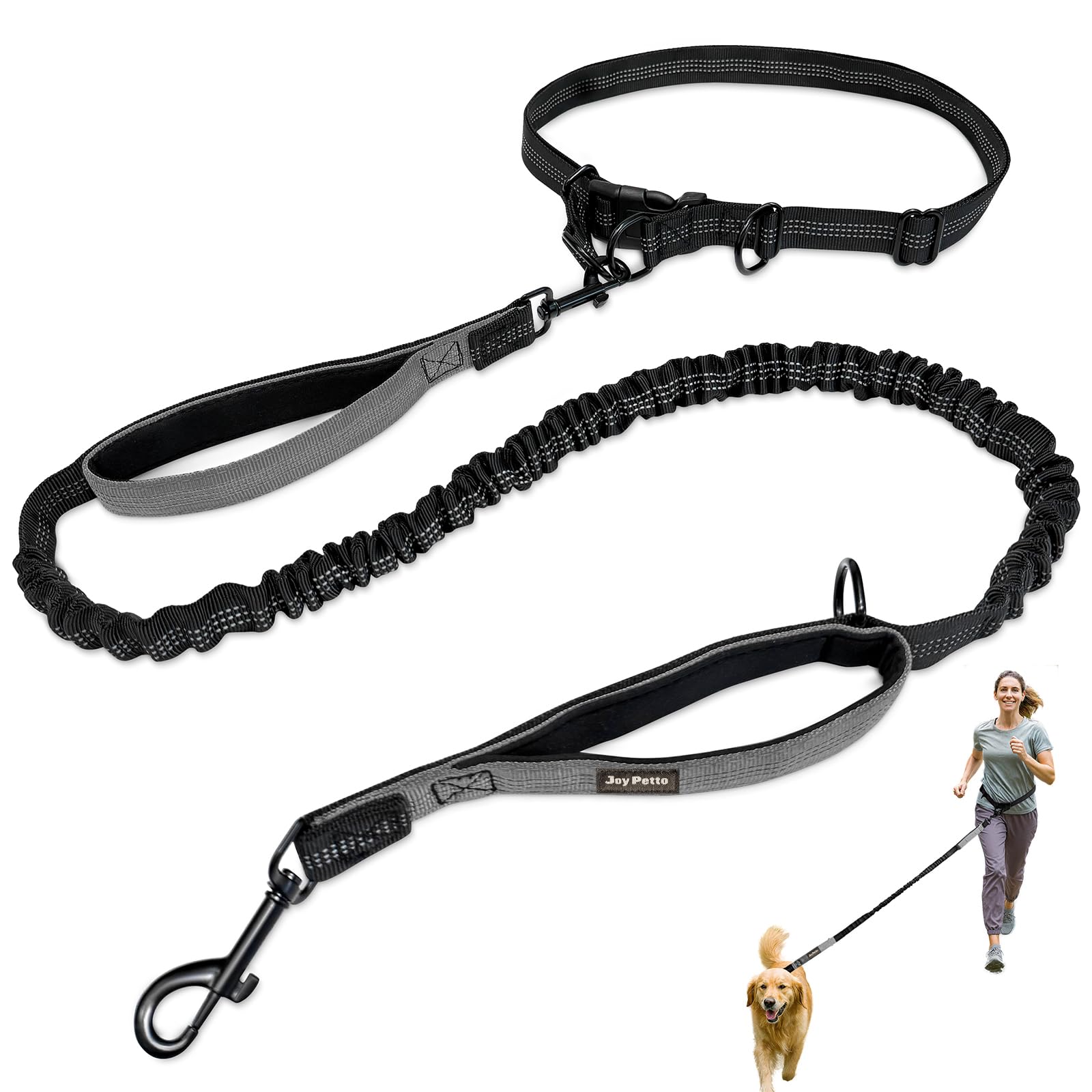 4-6 FT Hands-Free Dog Leash for Running & Walking - Adjustable Waist Belt (28-47"), Shock-Absorbing Bungee, 2 Reinforced Handles, Reflective & Anti-Pull for Small/Medium Dogs, Grey