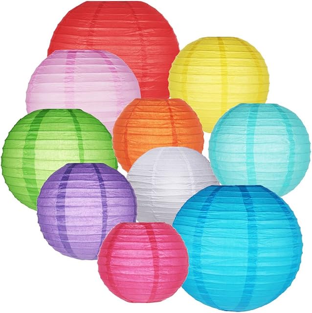 GoFriend 10 Packs Paper Lanterns Colorful Chinese Round Lantern Balloon Hanging Decorations with Assorted Rainbow Colors and Sizes for Birthday Wedding Baby Shower Home Decor Ceiling Party Supplies