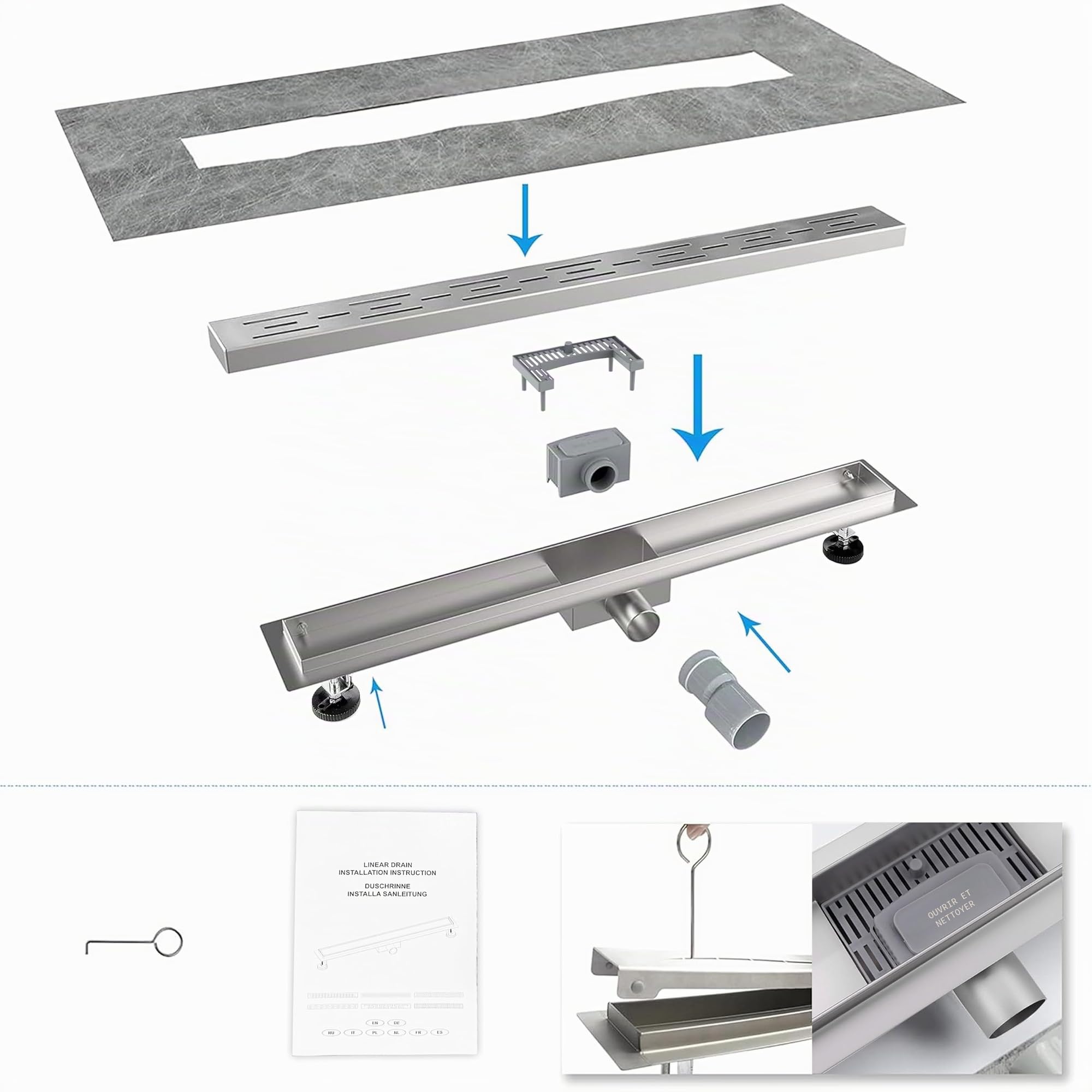 Caniveau de douche 70cm, gouttière d'écoulement en acier inoxydable plate, siphon avec système anti-odeurs, tamis à cheveux pour évacuation de douche, écoulement de sol pour salle de bains