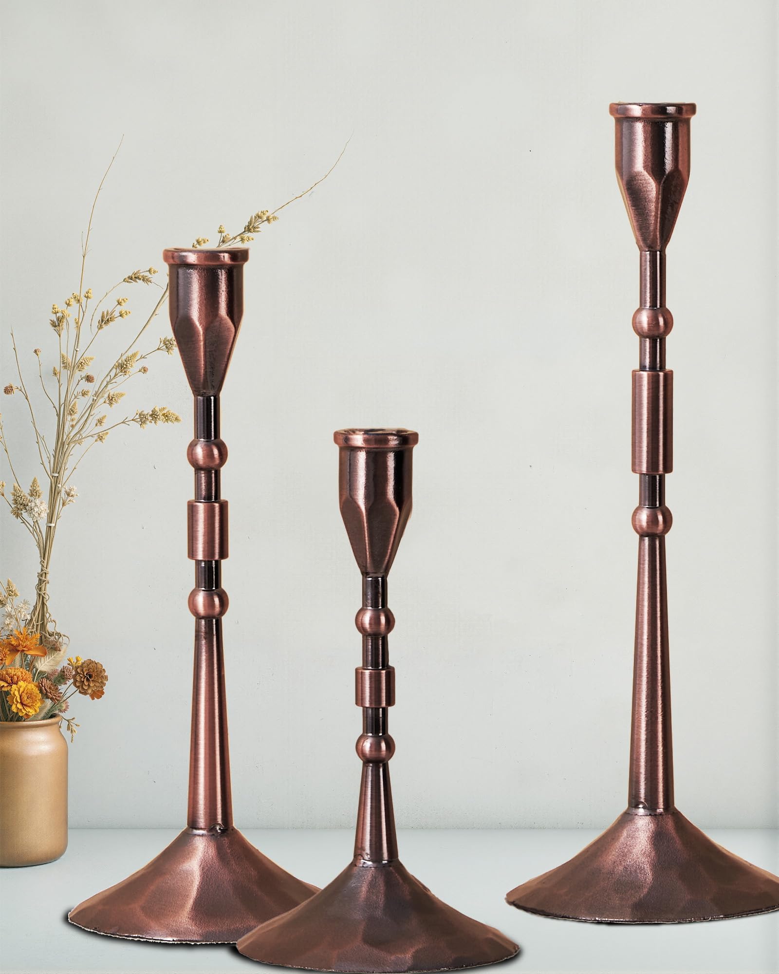YOUTUOY Taper Vintage Candle Holders, Set of 3 Candle Sticks Holder Decor, Candlestick Holders for Wedding, Dining, Party (Reddish Bronze)