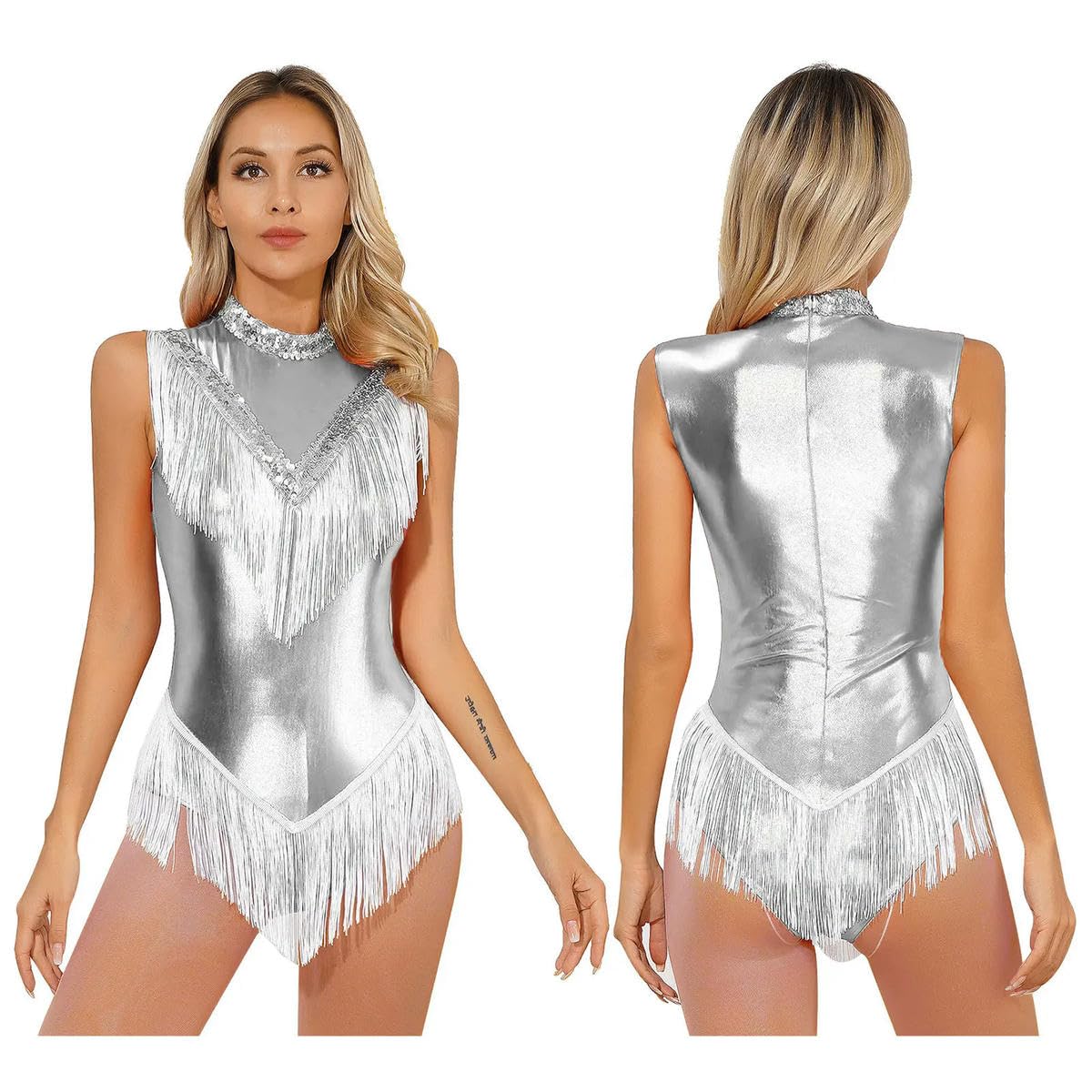 Body con frange altalene senza maniche body per le donne paillettes nappa body latino tango cha-cha danza costume performance, Argento, M