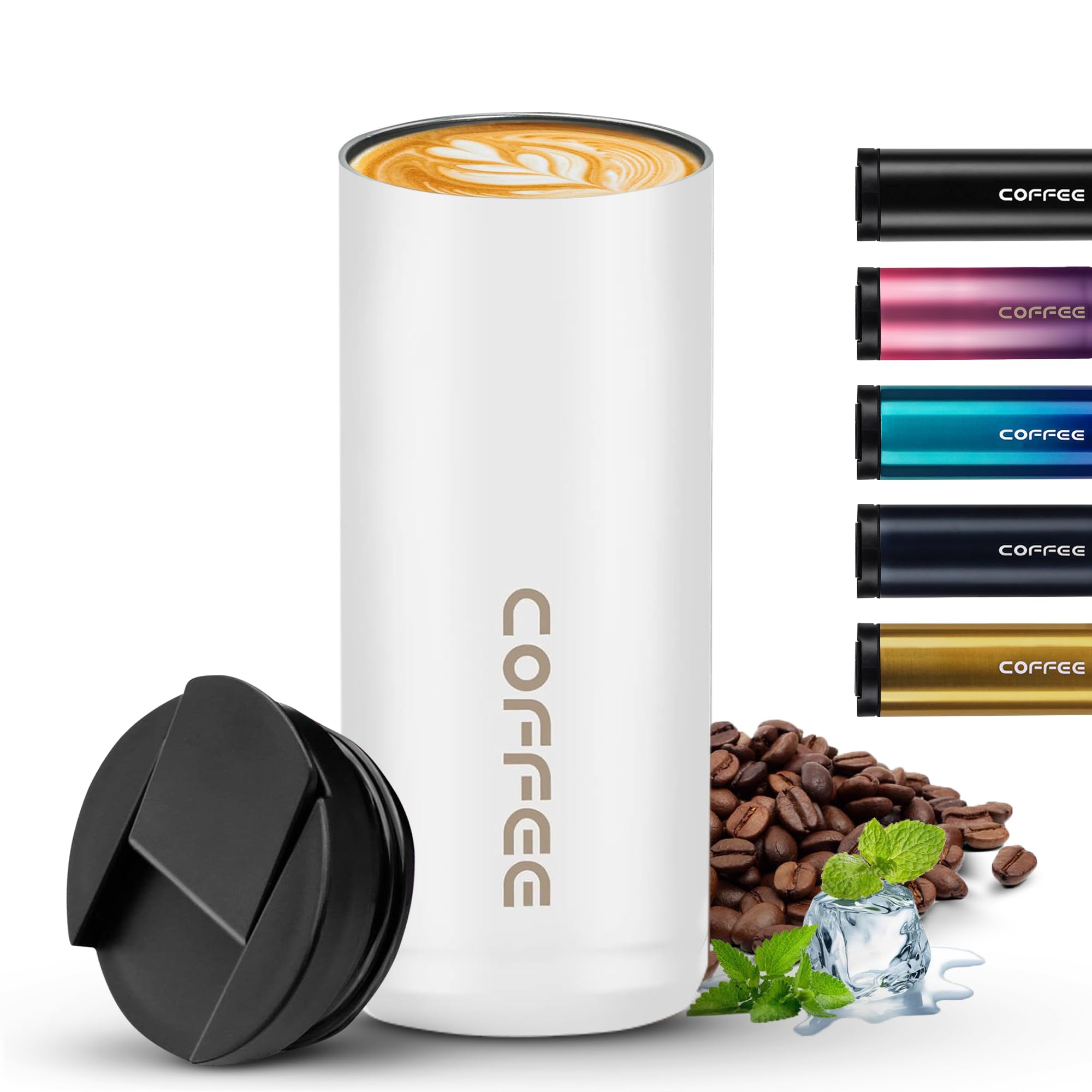 Travel Coffee Mug Stainless Steel Double Wall Vacuum Modern Hydro Flask Hot and Cold Coffee Drinks Insulated Tumbler with Leakproof Lid for Home Office Gym Outdoor Works (WHITE, 500ML)