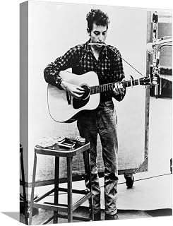 Stretched Canvas Print Bob Dylan Playing Guitar and Harmonica into Microphone. 1965, 12x16