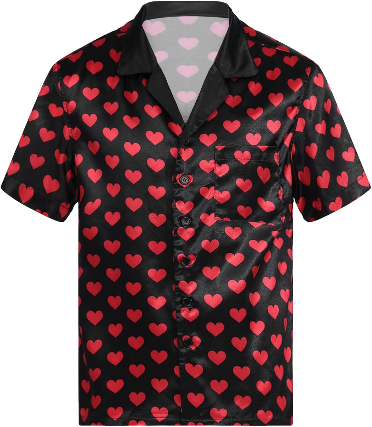 Men's Button Down Satin Pajama Shirt Heart Printing Short Sleeve Sleepshirt Sleepwear