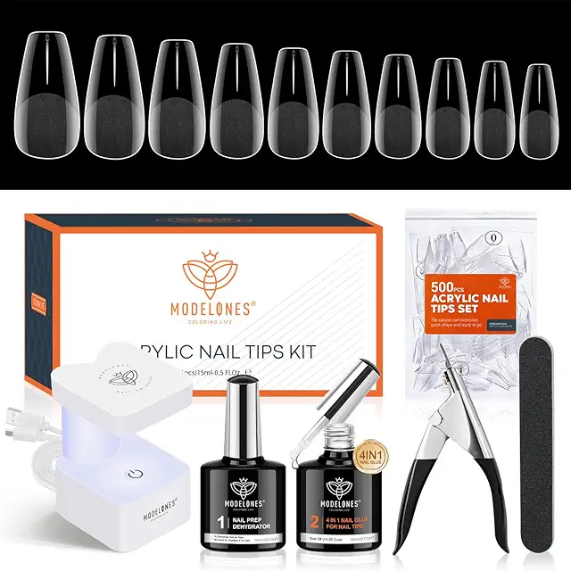 Modelones 4-in-1 Acrylic Nail Set with 500 Fake Nails, Glue, Primer & LED Lamp