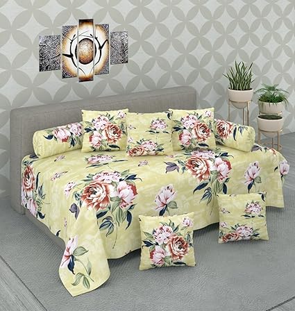 NOVAK DECORS Super Soft Microfiber Digital Printed Traditional 1 Single Bedsheet 5 Coushions 2 Bolster Total 8 Pc Diwan Set (Yellow Flower)