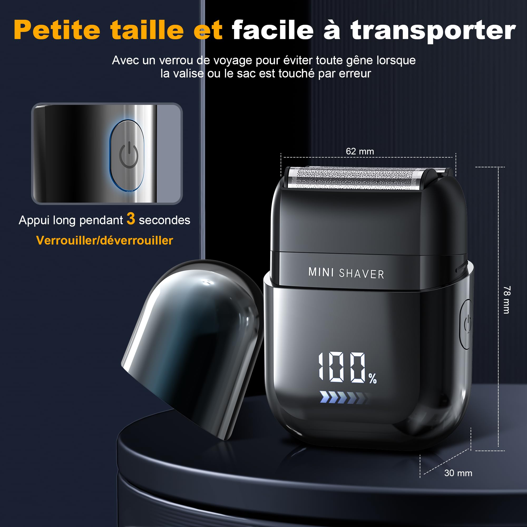 Mini Rasoir Électriques pour Hommes avec Affichage LED, Rasoir Électrique Étanche IPX7, Mini Rasoir Portable Silencieux et Lavable, Rasoir Homme