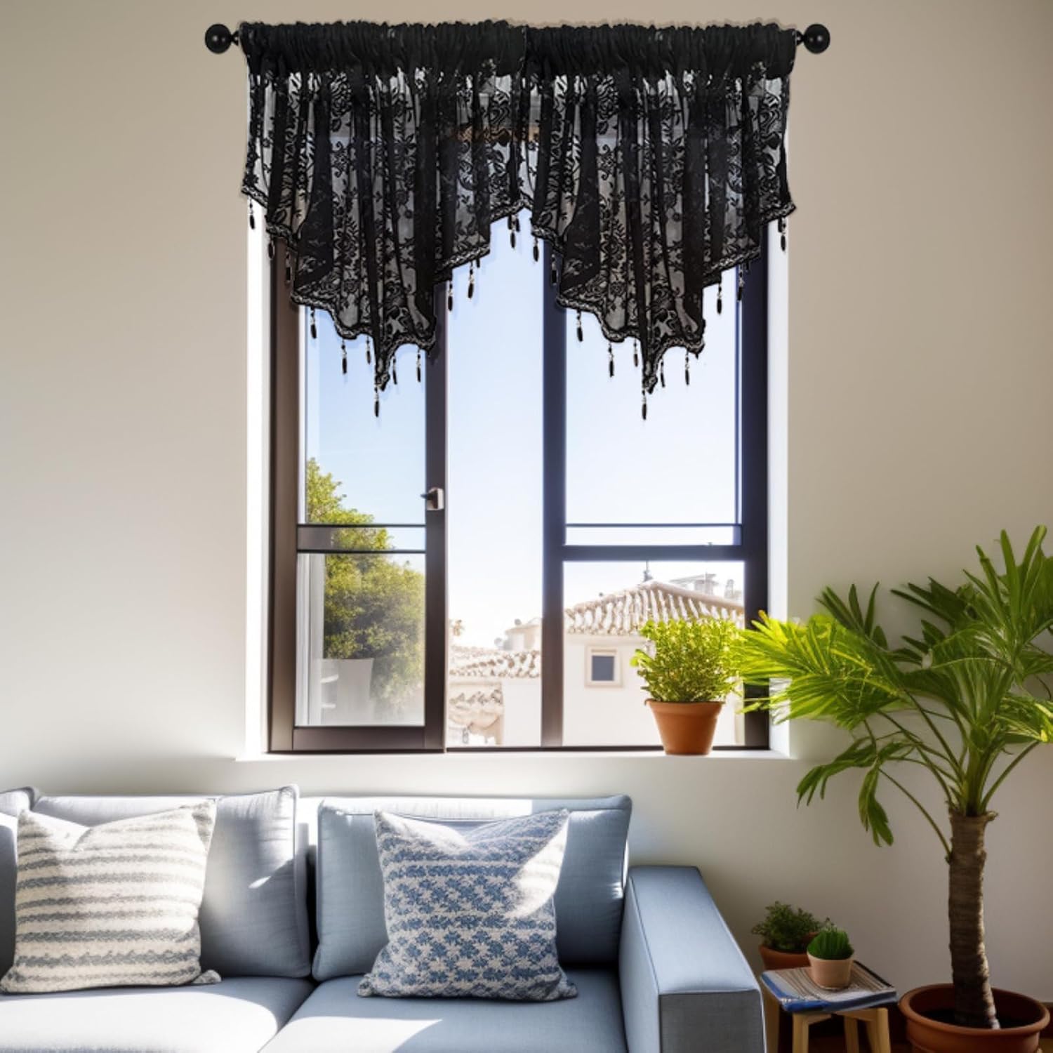 Huieruxun Swag Curtains 3-Piece Set with Crystal Beads & Lace Trim Semi-Sheer Valance Panels for Living Room Bathroom Kitchen Windows - Rod Pocket (Black,51"x24")