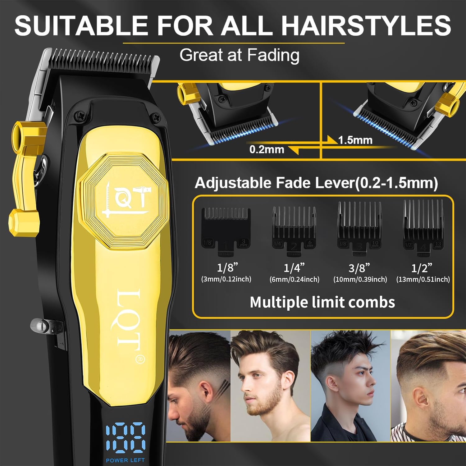 Professional Cordless Hair Clippers for Men, Rechargeable Barber Clipper and Beard Trimmer Set with T-Blade, Adjustable Lever, LED Display,Haircut Trimmer Kit for Home & Barbers,Gold,Gift for Men