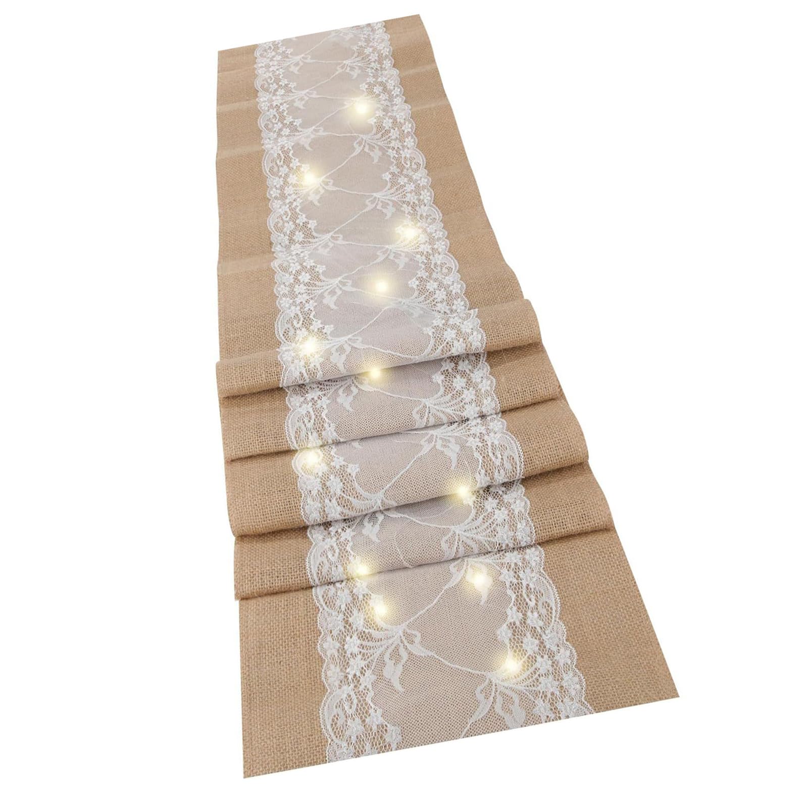 Tsophreniq LED Light String Lace Table Runner Burlap Table Decoration for Romance Dining Atmospheres Polyester Home Decoration Festival Centerpiece