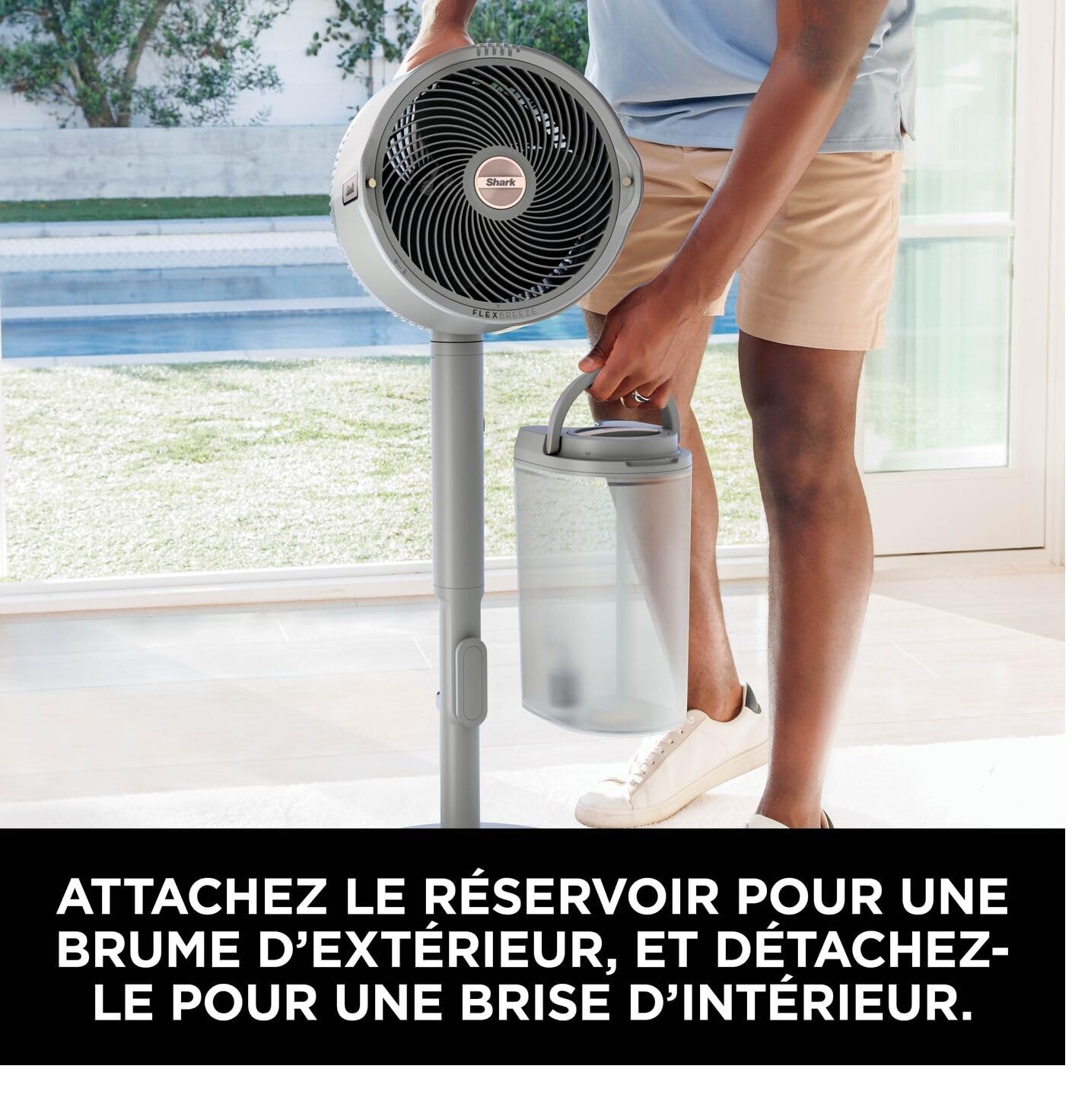 Shark FlexBreeze Pro Mist Ventilador sin cable para interior y exterior con nebulizador, depósito portátil, alcance de 20 m, de pedestal o mesa, 5 velocidades, mando a distancia, Gris paloma FA300WHEU