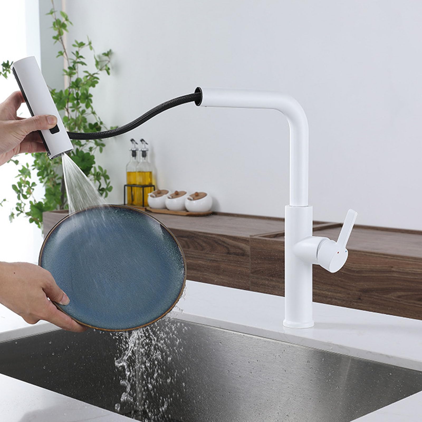 Grifo de cocina extraíble de acero inoxidable 304 con 3 modos de pulverización, giratorio de 360°, mezclador de una sola manija, grifo de fregadero de cascada para pistola de agua caliente y fría