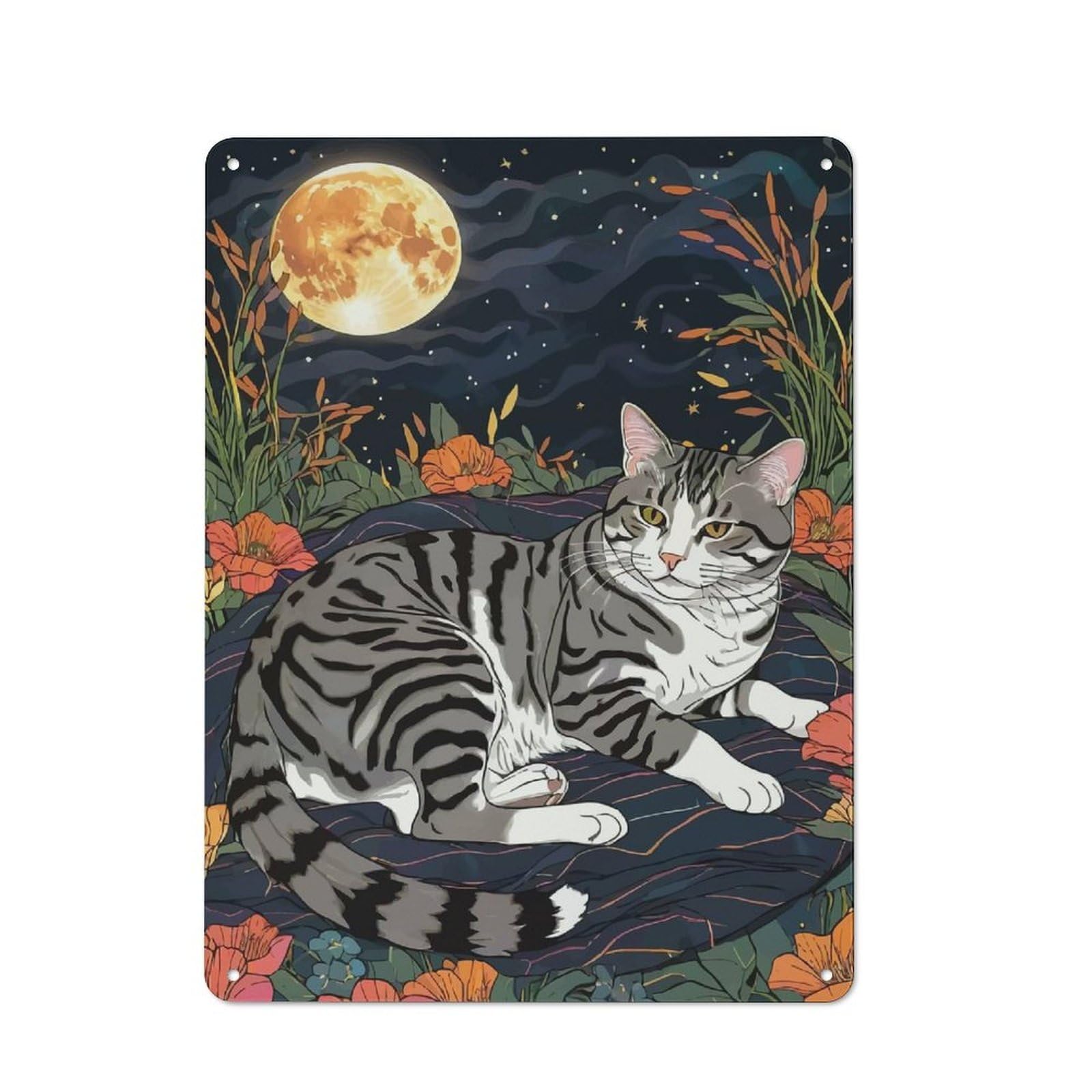 Tin Sign 40x30cm with American Shorthair Cat with Night Garden for Workshop Wall, Rustic Decor, Suited to Workshop Decor Fans