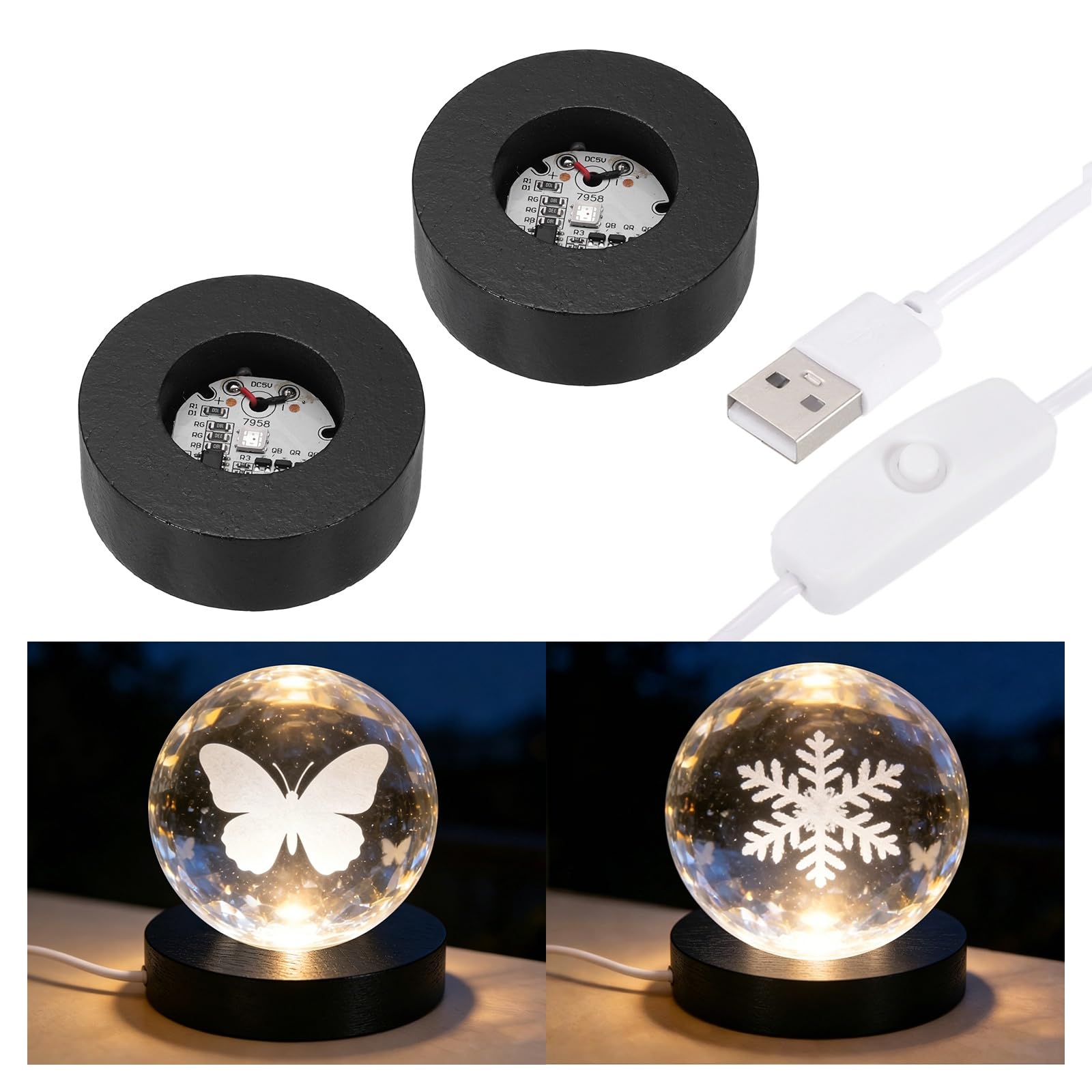PATIKIL 2Pcs Black Wood LED Light Base 2.36" LED Light Stand Lighted Round Crystal Display Base for 3D Glass Art/Acrylic Art Resin Crafts Light Display Stand Room Home Decor, 7 Color Light