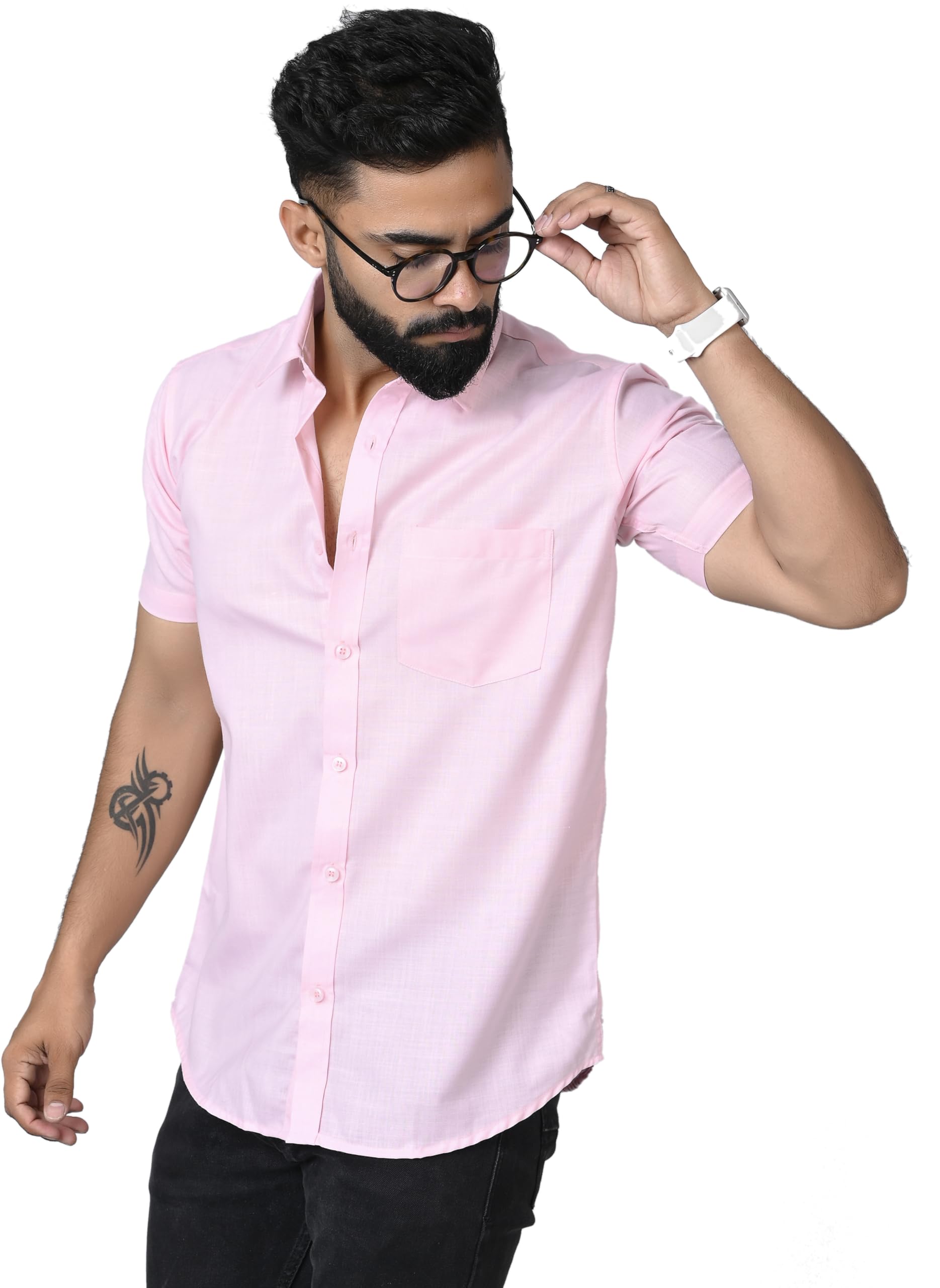 Men's Cotton Half Sleeve Plain Regular Fit Formal Shirts for204 Half Light -Pink