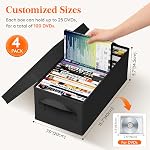 Lifewit DVD Storage Box, Stackable DVD Case Holder Organizer, Foldable DVDs Container with Lid, Handles, Media Organizer Bin 15.7" L x 7.9" W x 5.7" H Holds up to 100 PCS DVDs (25 Each), 4 Pack