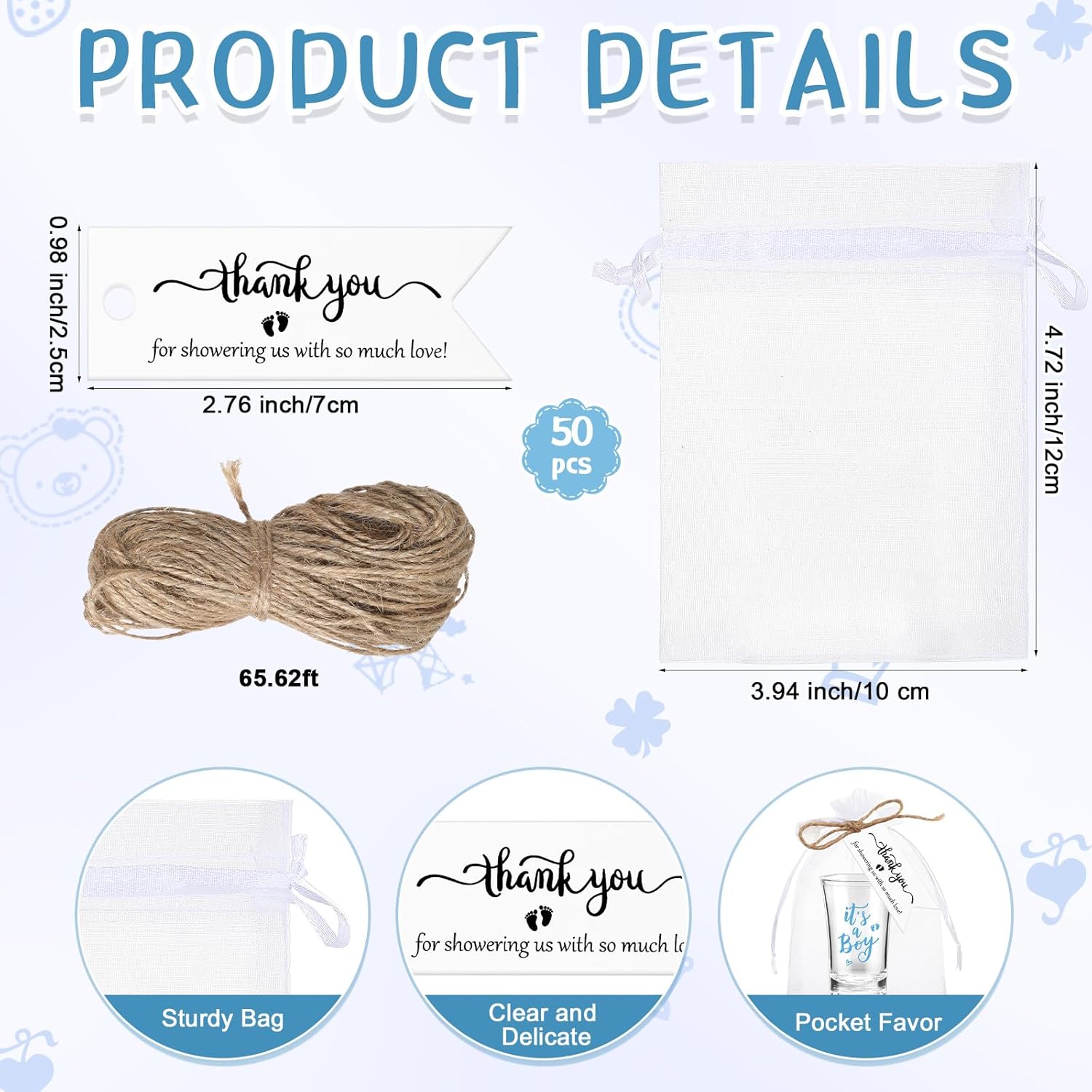 Pickmesh 50 Sets Baby Shower Gifts for Guest, Acrylic Shot Glasses with Thank You Tag Organza Bag Twine, Boy Girl Gender Reveal Party Favors for Guest Baby Shower Return Gift (it's a Boy, Blue)