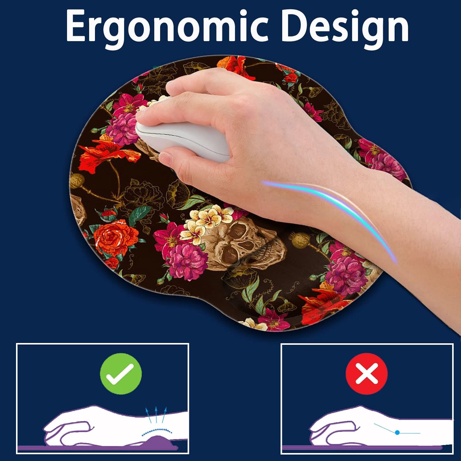 Gel Mouse Pad Wrist Support and Memory Foam Keyboard Wrist Rest in Office Accessories Set for Office, Computer, Laptop,Comfortable, Lightweight for Easy Typing Pain Relief,Rose Flower Skull Desk pad