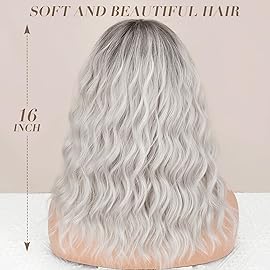 Nnzes Ombre Silver Wig with Bangs for Women White Bob Wavy Charming Synthetic Wigs with Natural Shoulder Length Curly Heat Resistant Hair for Daily Party Use