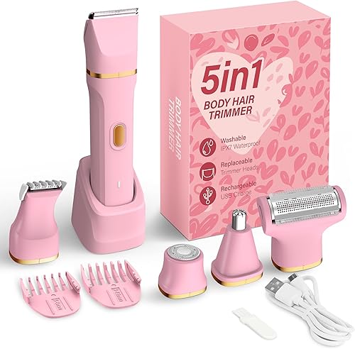 KINGTEE 5-in-1 Electric Bikini Trimmer for Women – IPX7 Waterproof Shaver, Cordless Body & Facial Razors for Women, Ceramic Blades, USB-C Rechargeable, Painless Hair Removal Kit (Pink)