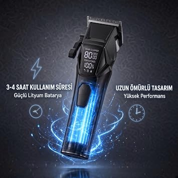 Saç Kesme Makinesi Şarjlı Tıraş Makinesi, Erkek Bakım Seti - 8000 RPM Kablosuz Şarj Tabanı Berber Kuaför Tipi, 8 Kılavuz Taraklı, LED Ekran, Type-C (Siyah)
