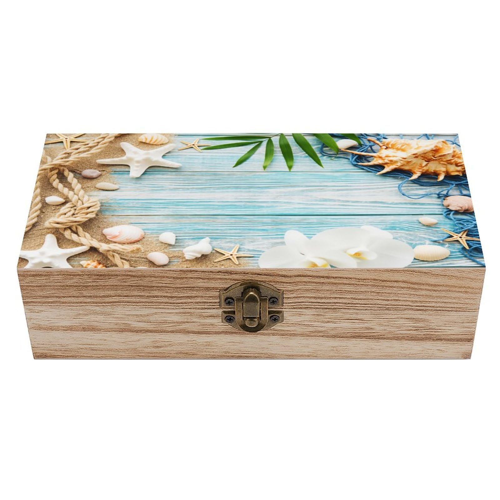 Beach Seashell Starfish Palm Leaf Vintage Wooden Keepsake Box with Hinged Lid And Locking Clasp, Decorative Storage Box for Jewelry, Trinkets And Small Accessories, Organizer for Home Or Wedding