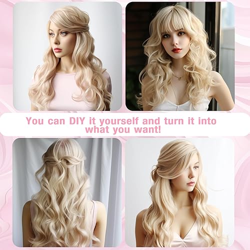 Miniatura 4 de ONEPEACE Peluca larga rubia con flequillo, peluca larga y ondulada rubia para mujer, peluca sintética de 28 pulgadas, peluca para disfraz de
