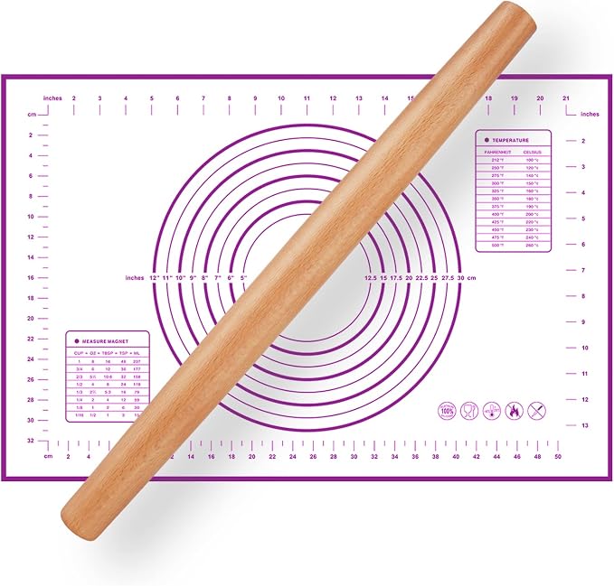 Wood French Rolling Pin for Baking, QUELLANCE Wooden Dough Roller with Silicone Baking Mat, Beech Wood Rolling Pins for Baking Dough, Pizza, Pie, Pastries, Pasta and Cookies,Blue Pastry Mat
