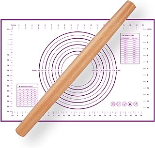 16 Inch Wood Rolling Pin for Baking, Wooden French Dough Roller with Purple Silicone Pastry Mat, Beech Wood Rolling Pins for Baking Dough, Pizza, Pie, Pastries, Pasta and Cookies