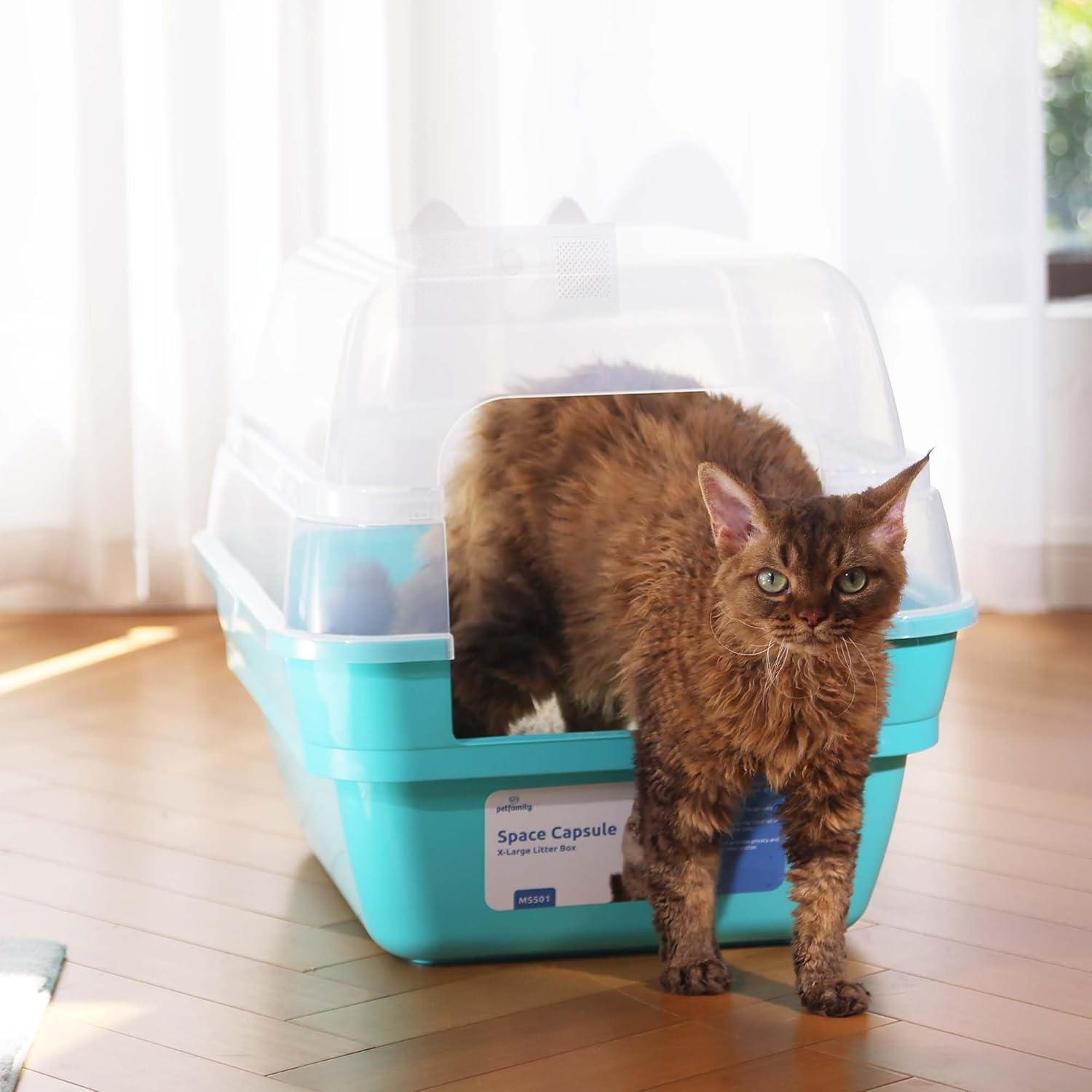 Large Cat Litter Box with Transparent Lid, Foldable Hooded Litter Box with Front Door Flap for Privacy, Easy Clean Non-Sticky Litter Box with Intelligent Deodorizing, (21.6" L x 17.8" W x 17.3" H)
