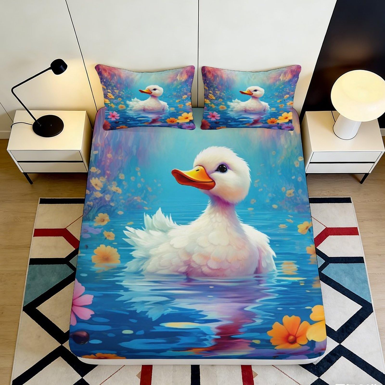 3D Printed Cartoon Duck Fitted Sheet Microfiber Deep Pocket Full Wrap Bedroom Bedding Cartoon Duck Mattress Fitted Cover Non-Slip Washable 200x200x25cm