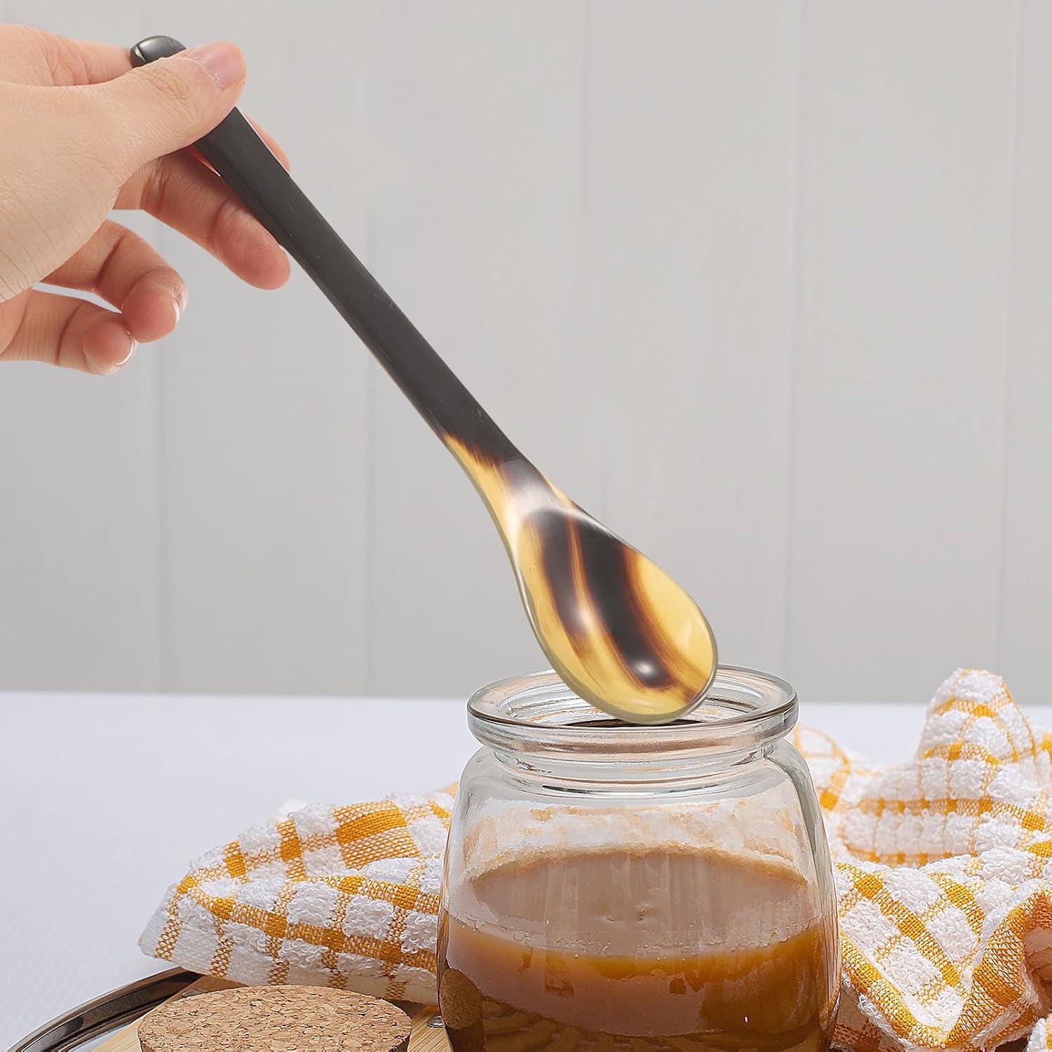 4pcs Natural Ox Horn Honey Spoon Long Handle Mixing Spoon for Coffee | Portable, Smooth Blend for Liquid Ingredients, Safety Use, Random Color