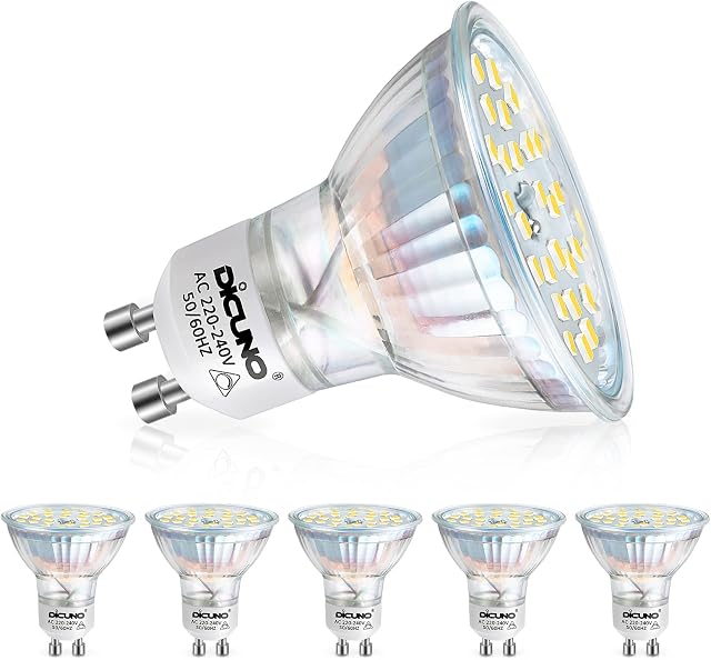 DiCUNO GU10 Dimmable LED Bulb, 4W Daylight White 5000K, Energy Saving Light Bulbs, 400LM,120°Beam Angle, 40W Halogen Equivalent, AC 220-240V, 6 Packs