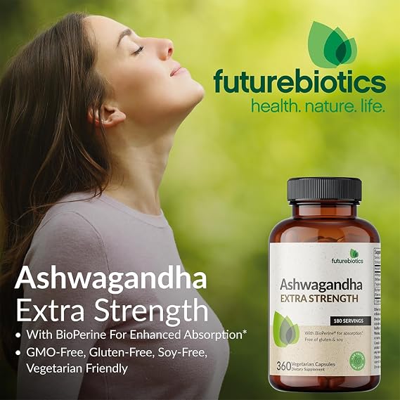 Futurebiotics Ashwagandha Extra Strength Stress & Mood Support 120 Capsules | Vegetarian, Non-GMO, Gluten-FREE, Soy-FREE, BioPerine for High Absorption