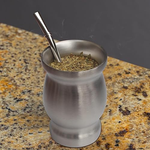 Miniatura 5 de Beruth Bombilla Yerba Mate Gourd, juego de tazas de té de acero inoxidable de 8 onzas con tapa, dos popotes y cepillos de limpieza, taza de café de